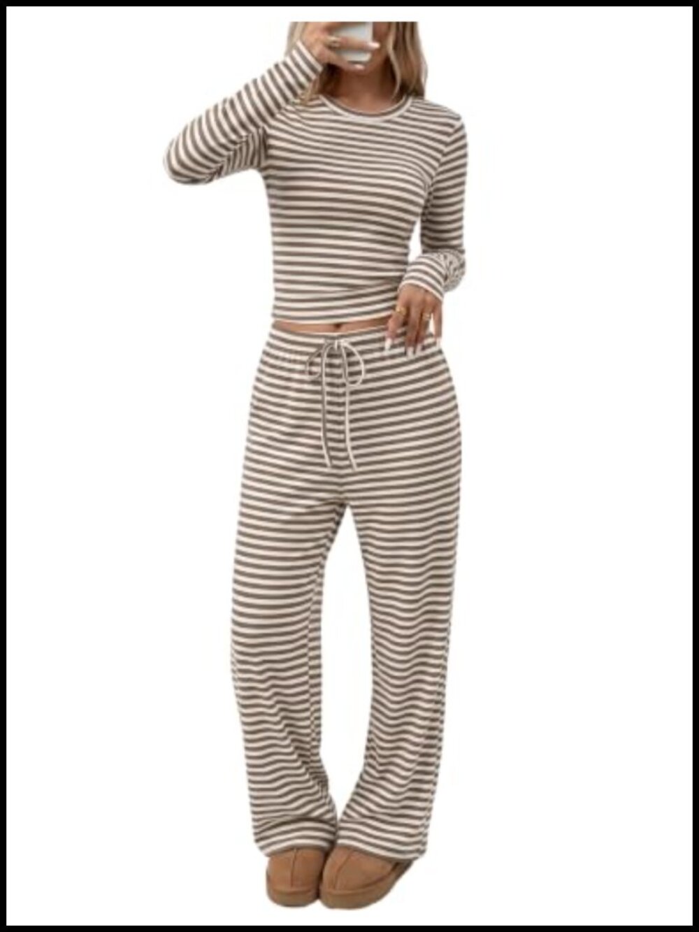 Ribbed Striped 2-Piece Long Sleeve Lounge Set Wide Leg Pants